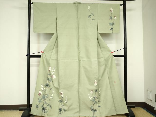 平和屋着物▽訪問着 単衣 白山紬 友禅 作家物 草花 正絹 逸品 DABF3329op