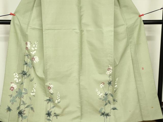平和屋着物▽訪問着 単衣 白山紬 友禅 作家物 草花 正絹 逸品 DABF3329op