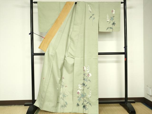 平和屋着物▽訪問着 単衣 白山紬 友禅 作家物 草花 正絹 逸品 DABF3329op