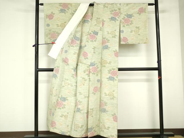 平和屋着物▽上質な紬 単衣 牡丹 正絹 逸品 DABF3335op