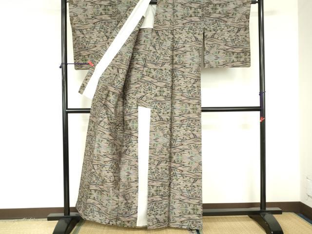 平和屋着物▽上質な紬 単衣 風景文 正絹 逸品 DABF3340op