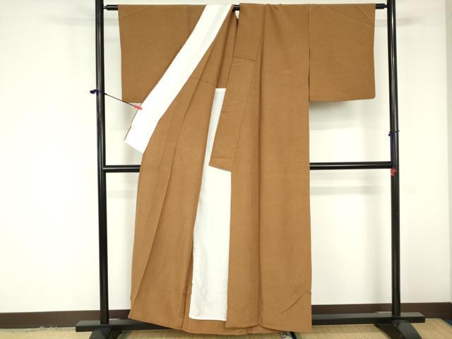 平和屋着物▽上質な色無地 単衣 枯茶色 お召縮緬 正絹 逸品 DABF3342op