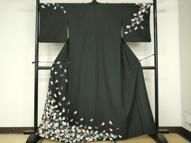 平和屋着物▽訪問着 単衣 舞桜 黒地 金彩 洗える着物 DABF3348op