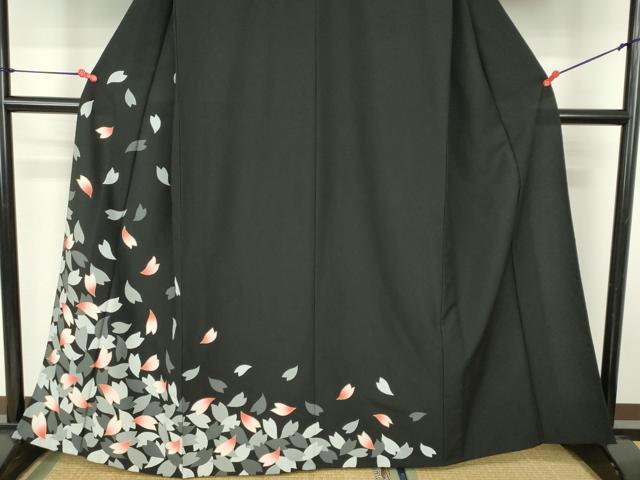 平和屋着物▽訪問着 単衣 舞桜 黒地 金彩 洗える着物 DABF3348op