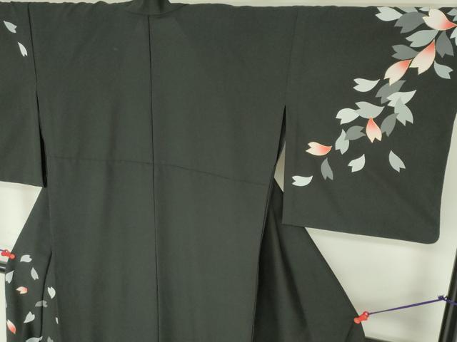 平和屋着物▽訪問着 単衣 舞桜 黒地 金彩 洗える着物 DABF3348op