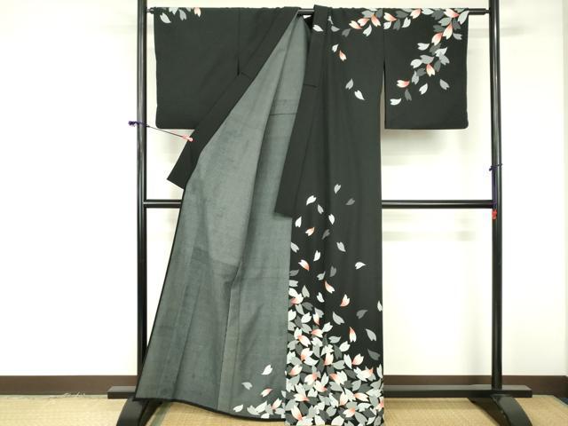 平和屋着物▽訪問着 単衣 舞桜 黒地 金彩 洗える着物 DABF3348op