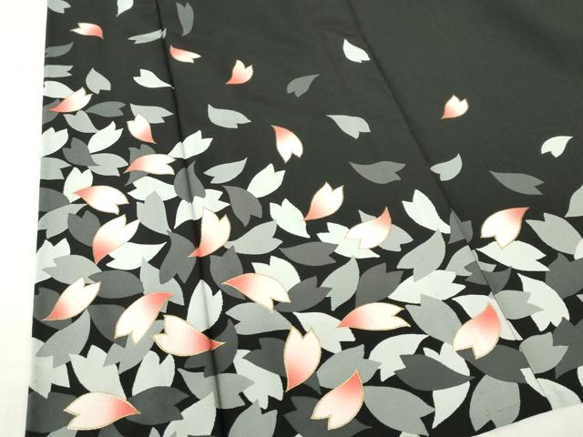 平和屋着物▽訪問着 単衣 舞桜 黒地 金彩 洗える着物 DABF3348op