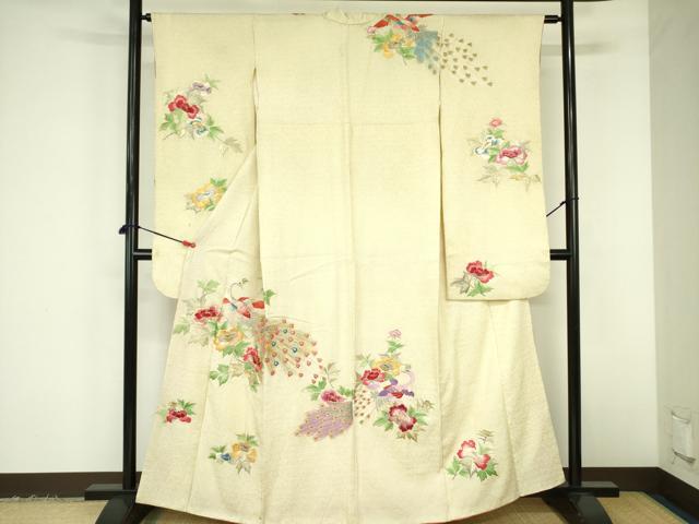 平和屋着物▼豪華振袖 駒刺繍 総刺繍 絞り 孔雀花文 金銀糸 正絹 逸品 DABF3398op