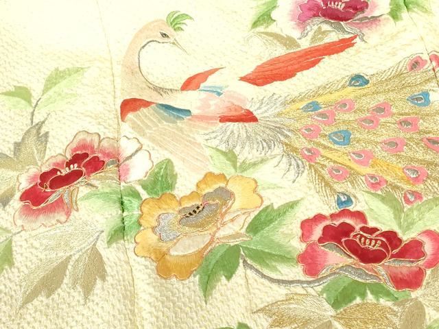 平和屋着物▼豪華振袖 駒刺繍 総刺繍 絞り 孔雀花文 金銀糸 正絹 逸品 DABF3398op