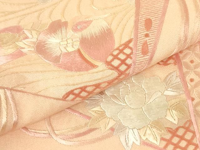平和屋着物▼訪問着 総刺繍 鴛鴦扇面花文 暈し染め 正絹 逸品 DABF3432op