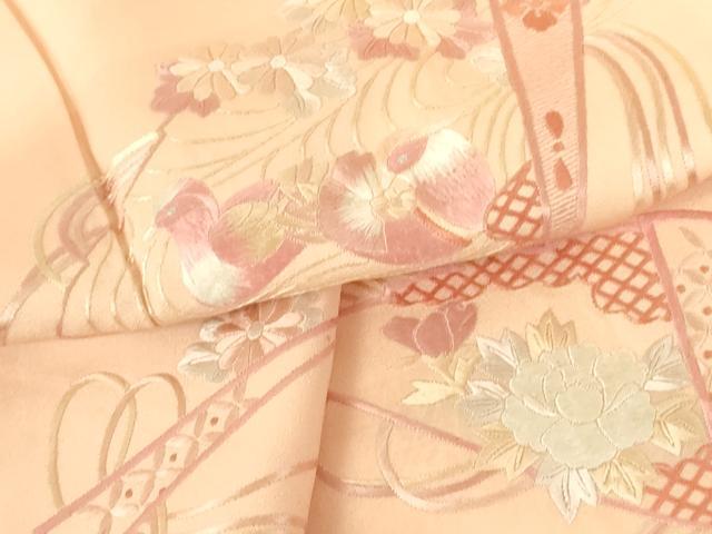 平和屋着物▼訪問着 総刺繍 鴛鴦扇面花文 暈し染め 正絹 逸品 DABF3432op