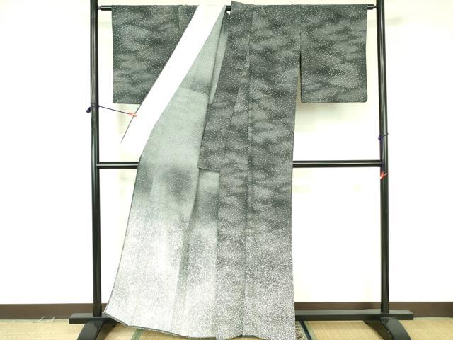 平和屋着物▽訪問着 単衣 霰文 黒地 洗える着物 DABF3530op