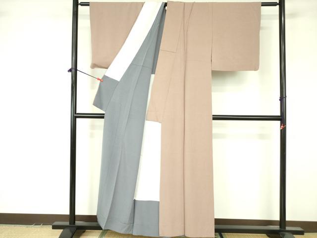 平和屋着物▽上質な色無地 単衣 白茶色 反端付き 正絹 逸品 DABF3546op