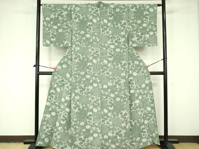 平和屋着物▽上質な小紋 単衣 型染 菊唐草 正絹 逸品 DABF3550op