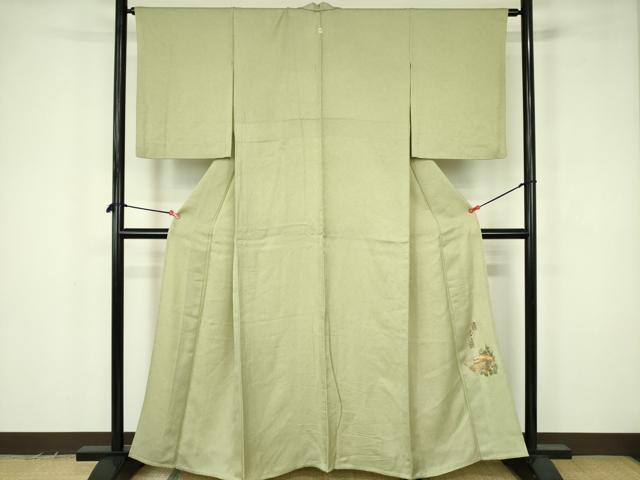 平和屋着物▽螺鈿作家 甲斐泰造監修 色無地 単衣 草花地紋 若菜色 ワンポイント 正絹 逸品 DABF3564op