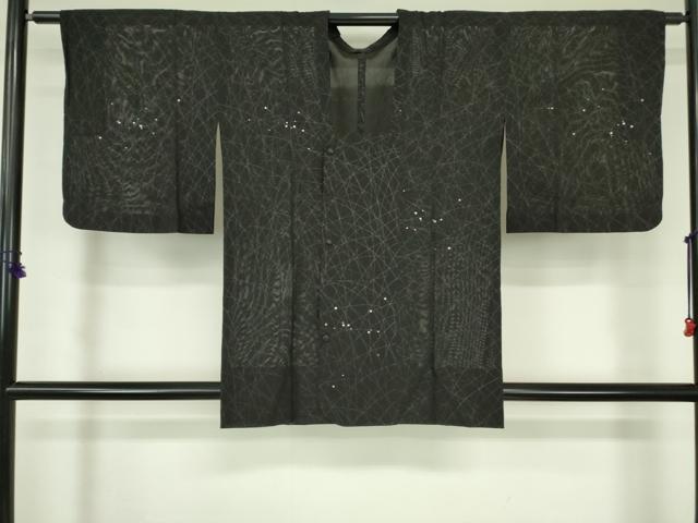 平和屋着物▽道行コート スリーシーズン 春夏秋 塵除け 霰 芝文 黒地 正絹 逸品 DABF3589op
