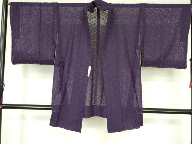 平和屋着物▽道中着 スリーシーズン 春夏秋 塵除け 寿光織 青海波 深紫色 反端付き 正絹 逸品 未使用 DABF3599op