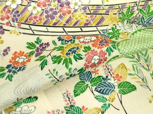 平和屋着物▽上質な小紋 単衣 渡橋花文 正絹 逸品 DABF3603op