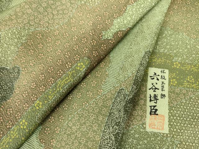 平和屋着物●人間国宝 初代六谷梅軒の息子 二代目 六谷梅軒(六谷博臣) 江戸小紋 雲取り風景花文 鬼しぼ縮緬 正絹 逸品 DABF3637op