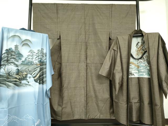平和屋着物●男性 本場大島紬 アンサンブル 長羽織・長襦袢(袷)セット 100亀甲 総詰め 反端付き 正絹 逸品 DABF3643op
