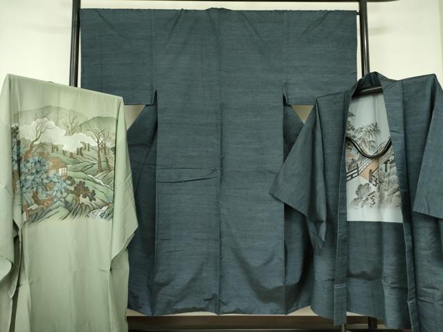 平和屋着物●男性 紬 アンサンブル 長羽織・長襦袢(無双仕立て)セット 鉄御納戸色 正絹 逸品 DABF3644op