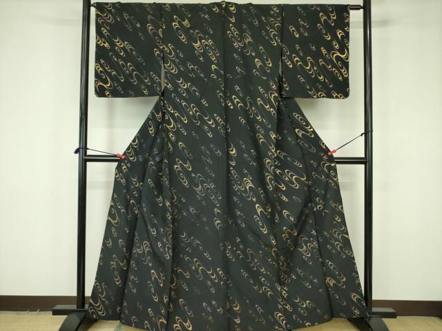 平和屋着物▽小紋 単衣 光琳水 黒地 金彩 洗える着物 未使用 DABF3661op