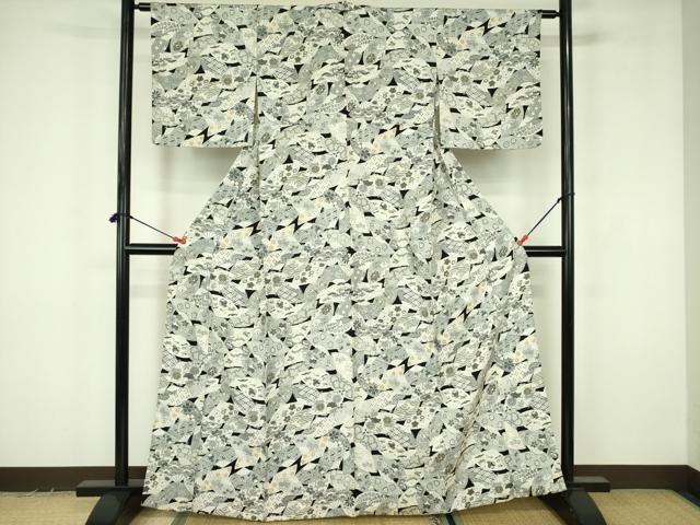 平和屋着物▽上質な小紋 単衣 扇面宝尽くし花文 正絹 逸品 DABF3673op