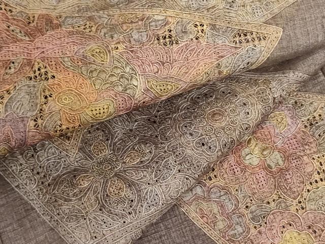 平和屋着物●中国三大刺繍 スワトウ刺繍 汕頭刺繍 総刺繍 訪問着 紬地 幾何学鳳凰花文 正絹 逸品 DABF3687op