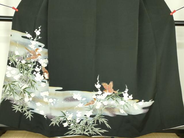 平和屋着物▼豪華黒留袖 刺繍 枝梅に小鳥 金彩 正絹 逸品 DABF3762op