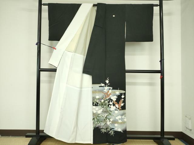 平和屋着物▼豪華黒留袖 刺繍 枝梅に小鳥 金彩 正絹 逸品 DABF3762op