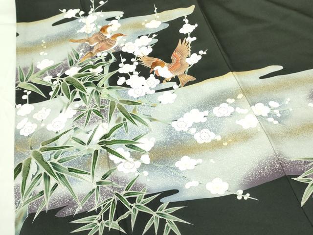 平和屋着物▼豪華黒留袖 刺繍 枝梅に小鳥 金彩 正絹 逸品 DABF3762op