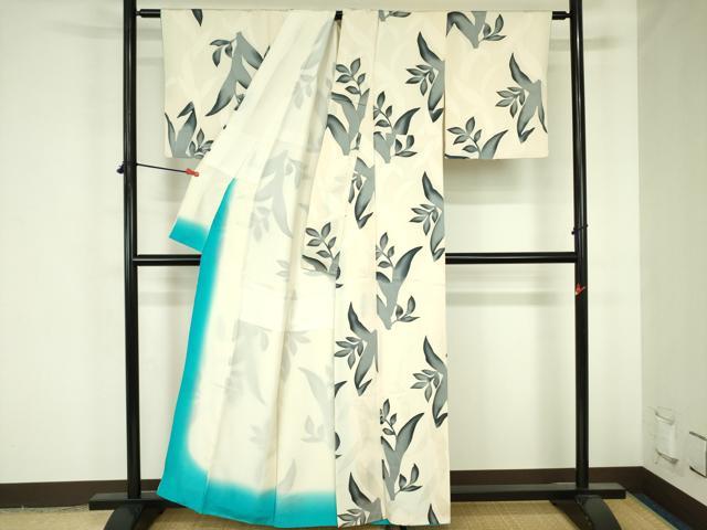 平和屋着物▼上質な小紋 地紋起こし 草葉文 正絹 逸品 DABF3775op