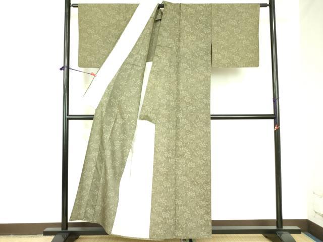 平和屋着物▽上質な小紋 単衣 紬地 型染 花唐草文 正絹 逸品 DABF3786op