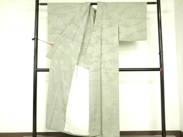 平和屋着物▽上質な色無地 単衣 笹の葉地紋 若葉色 正絹 逸品 DABF3793op