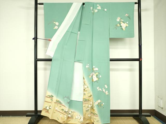 平和屋着物▽訪問着 単衣 枝梅 草花 暈し染め 金彩 正絹 逸品 DABF3797op