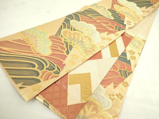 平和屋着物◎佐賀錦 両面 六通柄袋帯 流水松文 金糸 正絹 逸品 DABF3815op