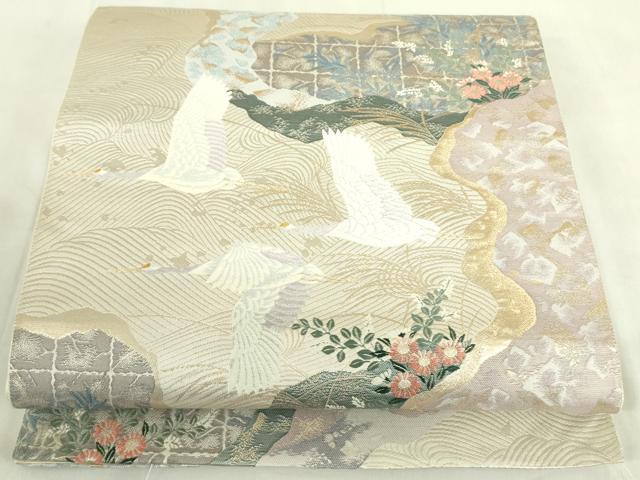 平和屋着物◎六通柄袋帯 唐織 九百錦 道長波飛鶴文 金糸 正絹 逸品 DABF3821op