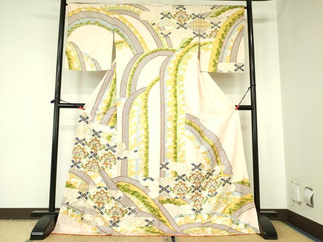 平和屋着物●訪問着 駒刺繍 更紗花菱文 金彩 ロング丈 正絹 逸品 DABF3995op