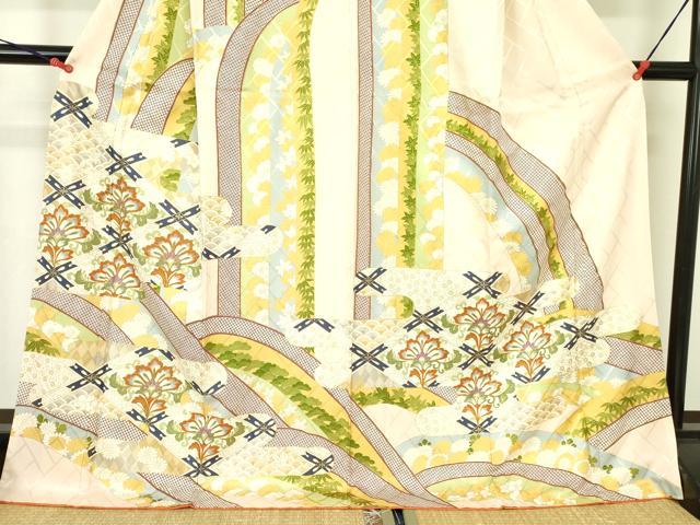 平和屋着物●訪問着 駒刺繍 更紗花菱文 金彩 ロング丈 正絹 逸品 DABF3995op