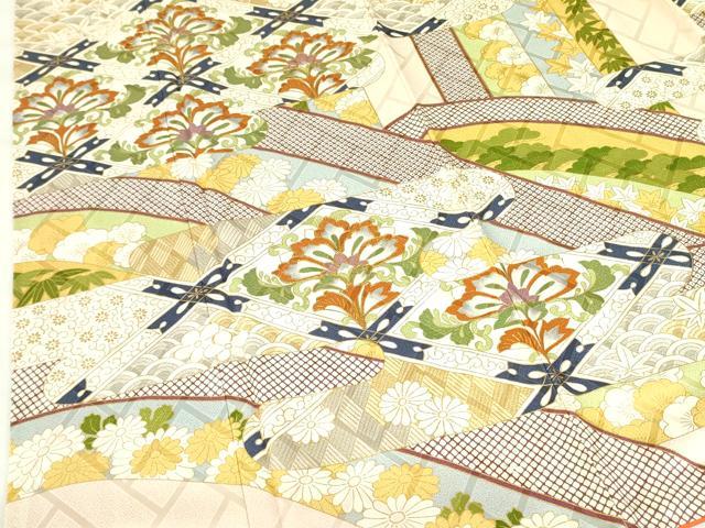 平和屋着物●訪問着 駒刺繍 更紗花菱文 金彩 ロング丈 正絹 逸品 DABF3995op
