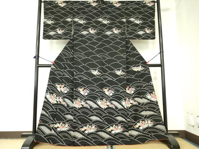 平和屋着物●訪問着 絞り 流水花文 黒地 正絹 逸品 DABF3998op