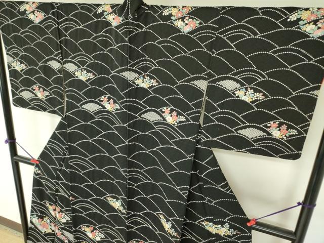 平和屋着物●訪問着 絞り 流水花文 黒地 正絹 逸品 DABF3998op