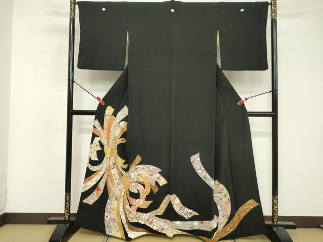 平和屋着物□豪華黒留袖 駒刺繍 束ね熨斗吉祥花蝶文 金彩