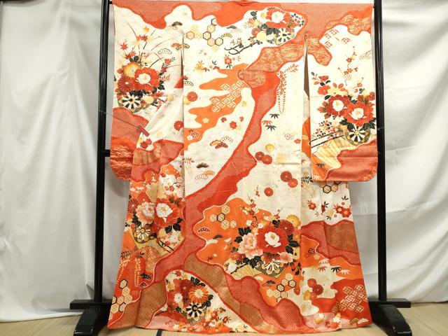 平和屋着物■豪華振袖 駒刺繍 絞り 扇面草花文 金彩 正絹 逸品 DABF4531qa