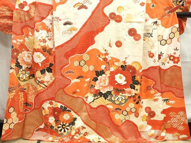 平和屋着物■豪華振袖 駒刺繍 絞り 扇面草花文 金彩 正絹 逸品 DABF4531qa