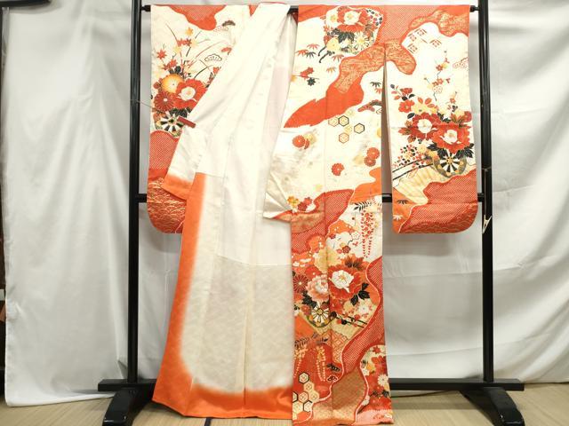 平和屋着物■豪華振袖 駒刺繍 絞り 扇面草花文 金彩 正絹 逸品 DABF4531qa