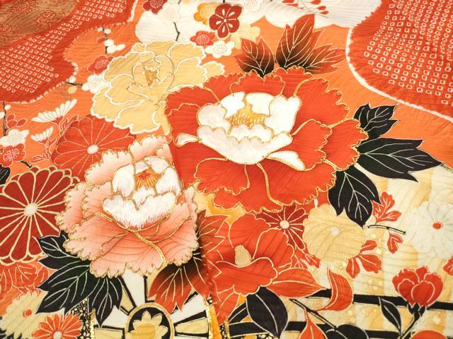 平和屋着物■豪華振袖 駒刺繍 絞り 扇面草花文 金彩 正絹 逸品 DABF4531qa