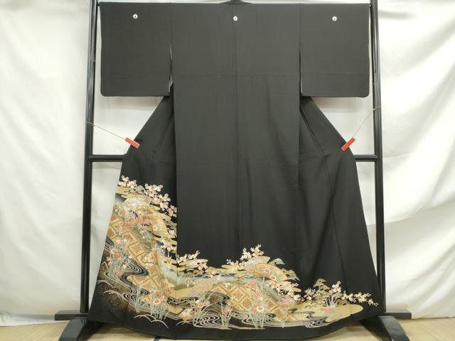 平和屋着物■豪華黒留袖 駒刺繍 地紙人物風景文 暈し染め 金銀彩 正絹 逸品 DABF4641qa