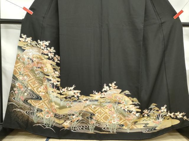 平和屋着物■豪華黒留袖 駒刺繍 地紙人物風景文 暈し染め 金銀彩 正絹 逸品 DABF4641qa