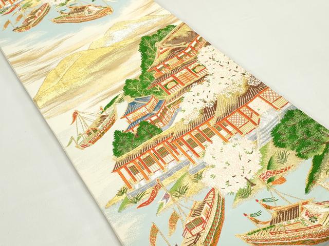 平和屋着物◎六通柄袋帯 唐織 重ね山風景文 金銀糸 正絹 逸品 DABF4679qa